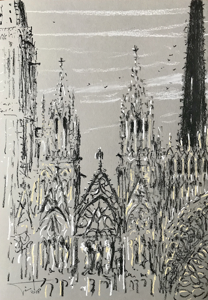 La cathédrale de Rouen et les corbeaux 30x42cm 2018