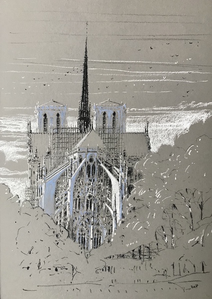Notre-Dame de Paris and the white birds 30x42cm 2018 Vendu-Sold