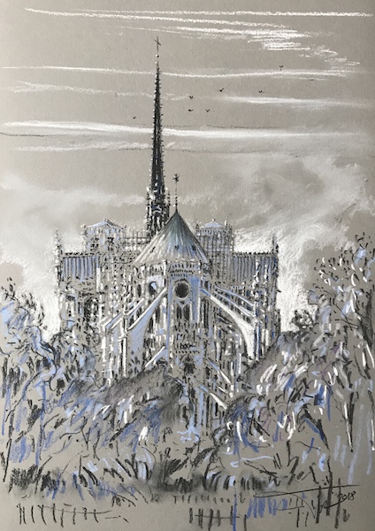 Notre-Dame de Paris et les flammes 30x42cm 2018 Vendu-Sold