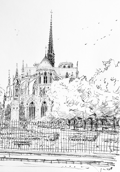 Notre-Dame de Paris et les grilles 30x42cm 2018