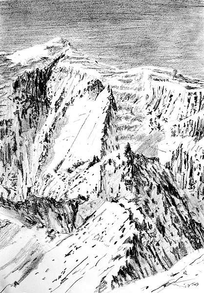 Le Massif du Mont-Blanc et le glacier du géant crayon gras sur papier2023 art a