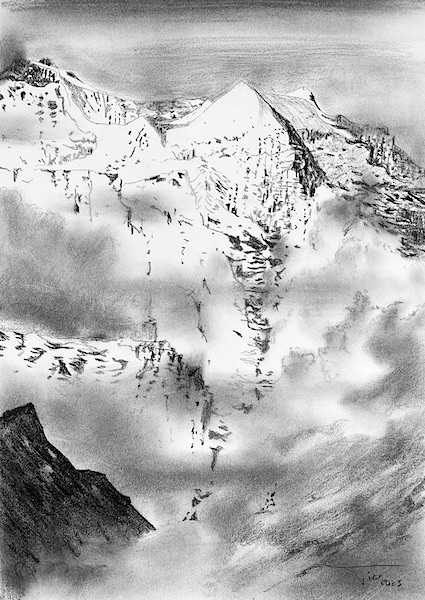 Altitude nuages lumière 30x42cm crayon gras sur papier 2023 dessin art contemporary drawing mountain Mont-Blanc Chamonix nuage neige snow art for sale