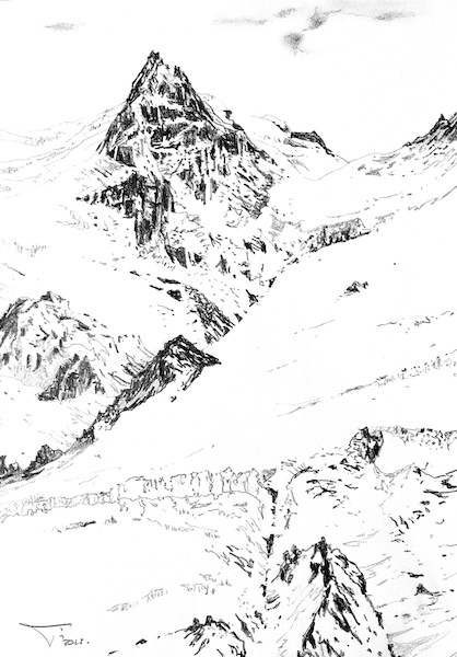 Face sud et glacier enneigé 30x42cm 2023 crayon gras sur papier dessin drawing art contemporain french artist salon du dessin