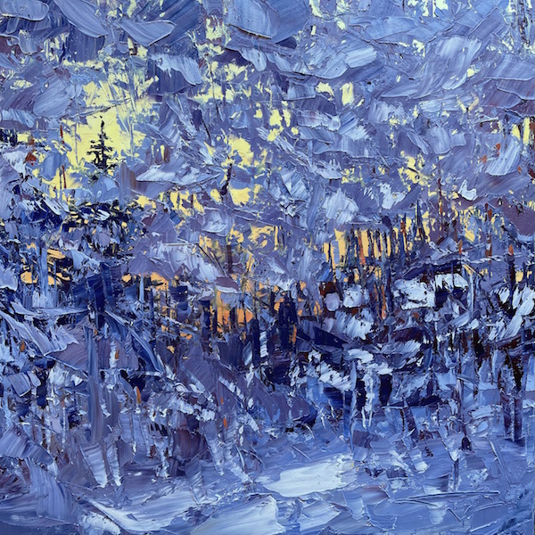 Sous-bois neigeux au matin 80x80cm Huile sur toile de François-Edouard Finet oil on canvas forest landscape neige snow winter art