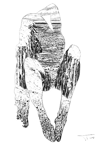 Géante fée marine veillant sur l'océan 30x42cm Crayon gras sur papier 2023 drawing dessin nude nu art contemporain contemporaryart artwork kunstwerk zeichnung surréalisme