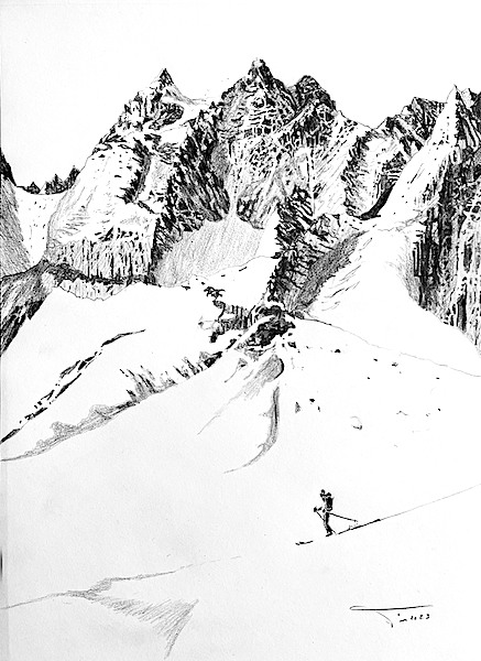 Liberté aérienne 30x42cm Crayon gras sur papier 2023 François-Edouard Finet artiste french artist dessin drawing ski de randonnée haute montagne mountain ski treck art contemporain contemporary art