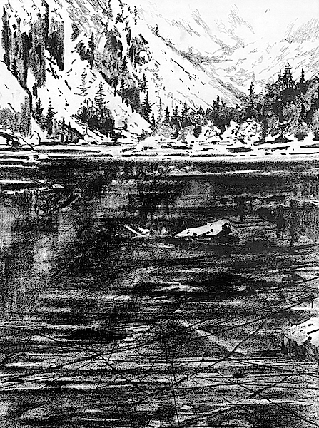lac gelé 2023 30x42cm Crayon gras sur papier dessin drawing zeichnung lac see montagne mountain artcontemporain contemporaryart artwork kunstwerk art for sale beauty paysage landscape