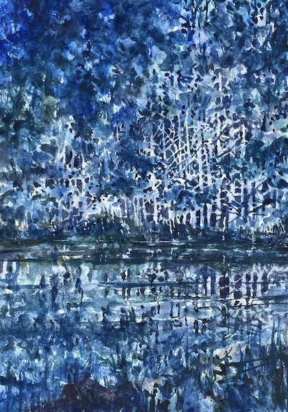 Lac et forêt sous la lune 30x42cm Aquarelle sur papier François Edouard Finet art watercolor kunst forêt forest artcontemporain contemporaryart beauté beauty french artist art for sale