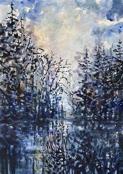 Reflet hivernal au matin 30x42cm Aquarelle sur papier François Edouard Finet art watercolor kunst lac lake forêt forest artcontemporain contemporaryart beauté beauty french artist art for sale