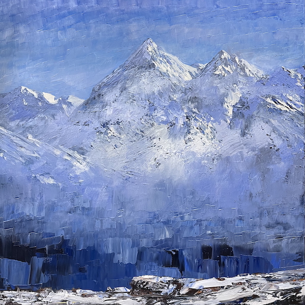 Lac altitude brume 100x100cm Huile sur toile 2026 de François-Edouard Finet peintre français basé à Paris art contemporain paysage de haute montagne ski de randonnée altitude neige